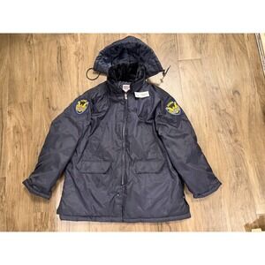 National Patrol Mens Black Security Guard Winter Jacket Parka Fur Hood size L